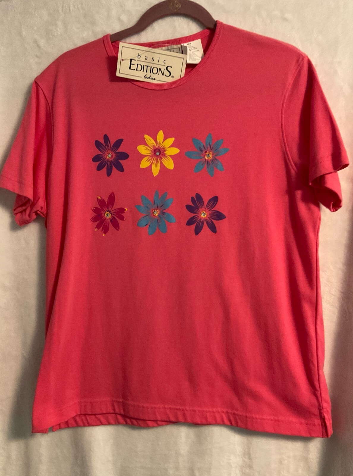 Basic Edition Pink Multi Floral Embellished Short Sleeve Cotton Polyester Top Basic Edition Pink Multi Floral Embellished Short Sleeve Cotton Polyester Top