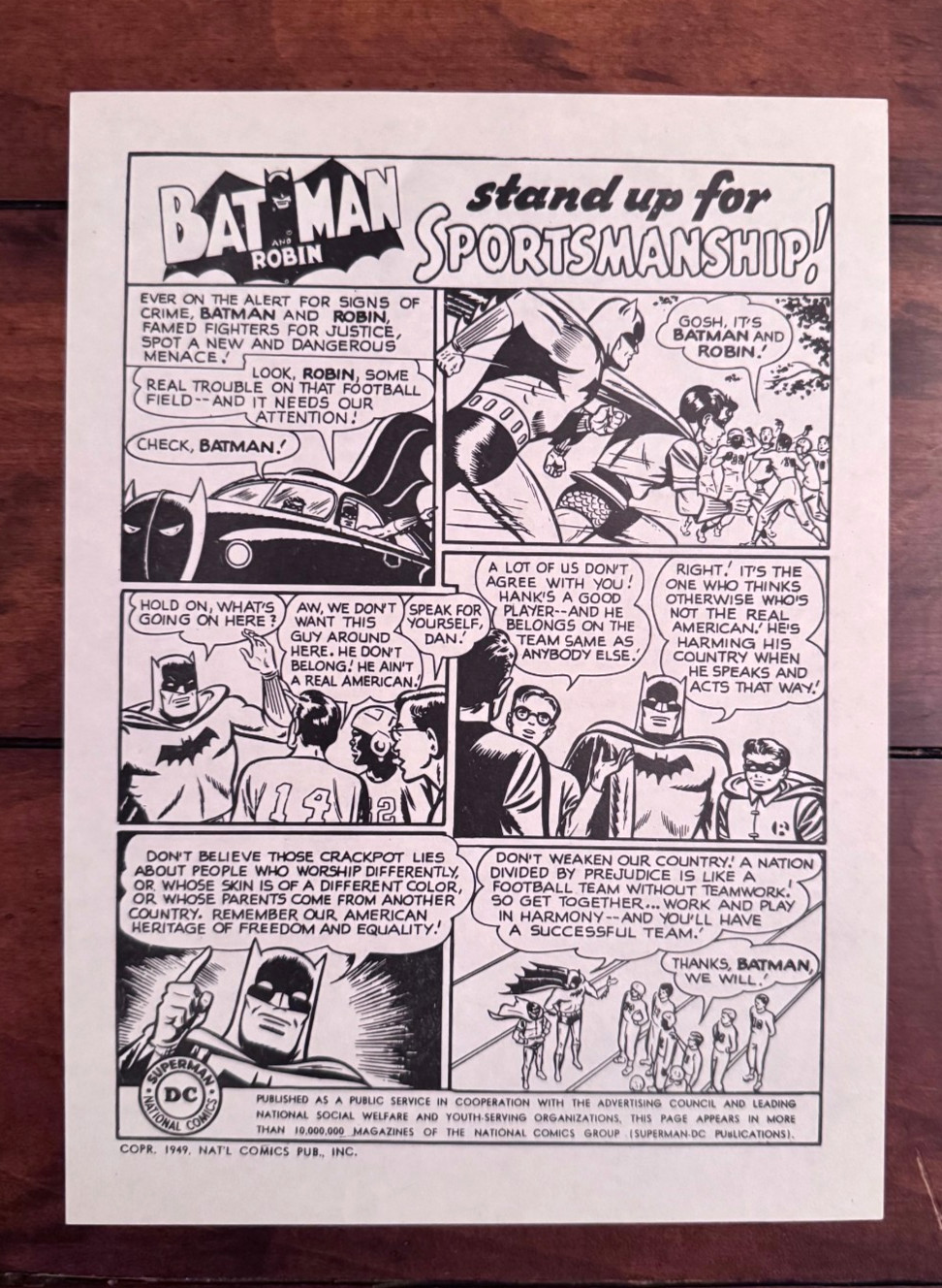 1949 Batman and Robin Stand Up for Sportsmanship Promo Sheet - Scarce