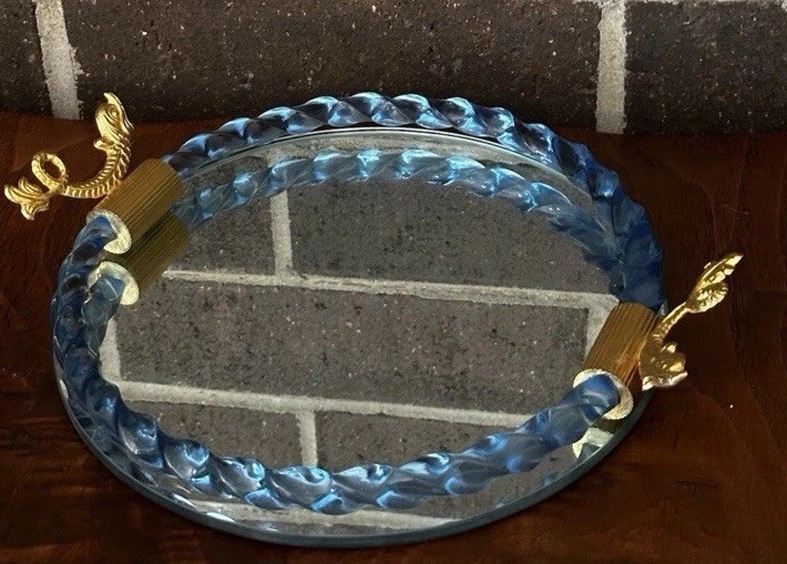Vintage Italian blue Victorian Mirror Vanity Tray with Fish/Dolphin Handles Vintage Italian blue Victorian Mirror Vanity Tray with Fish/Dolphin Handles