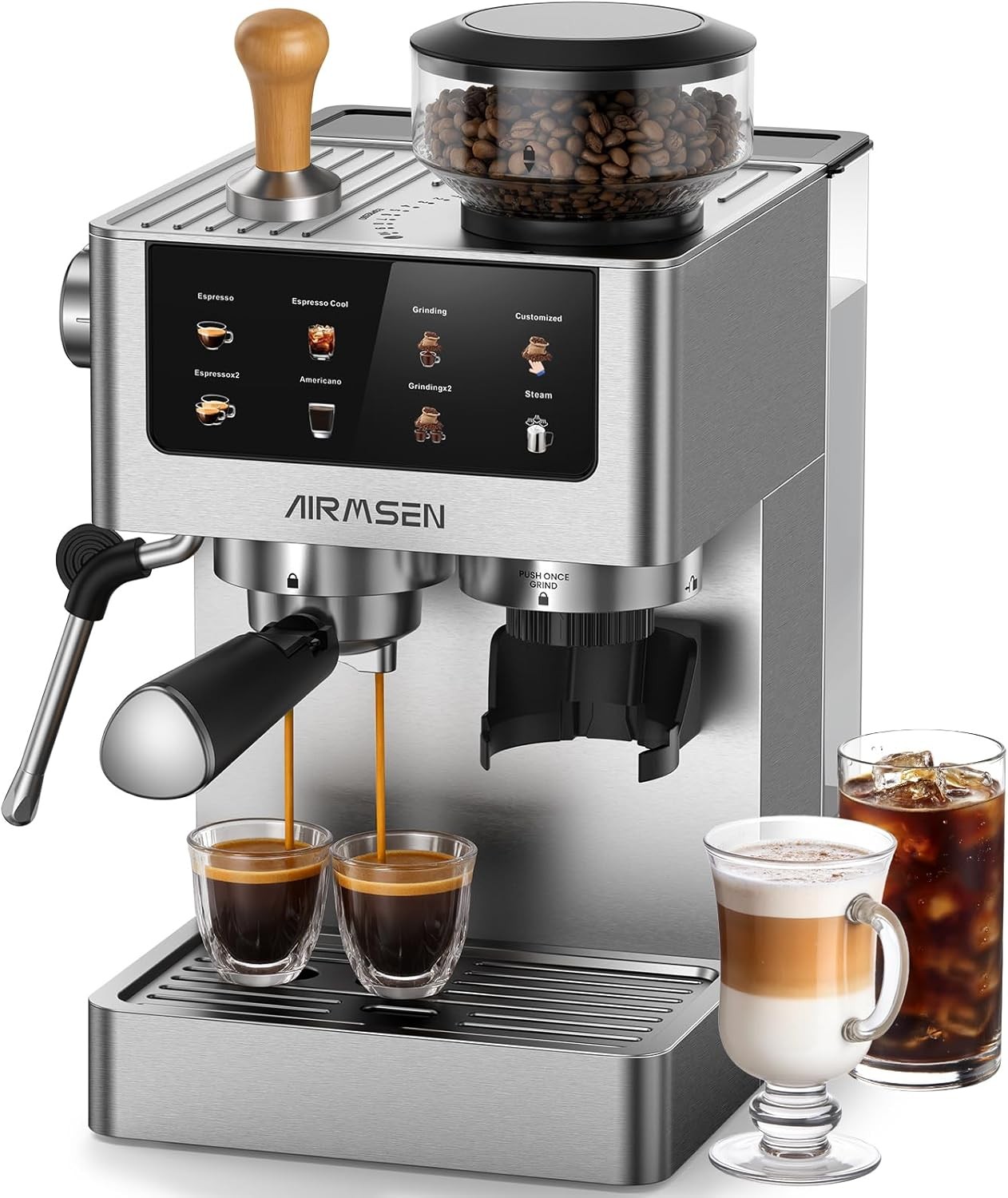 AIRMSEN 20 Bar Espresso Machine, Burr Grinder, Milk Frother, Stainless Steel