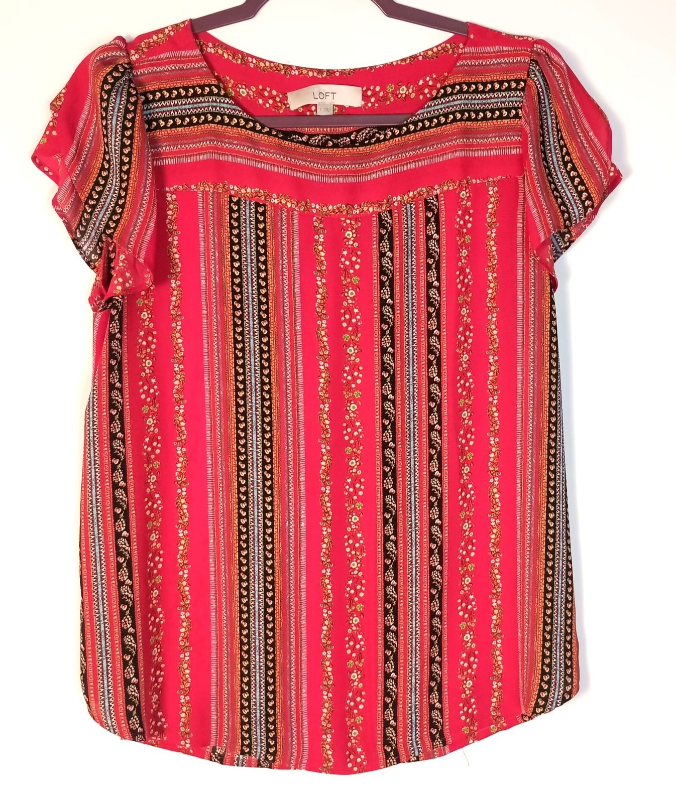 Ann Taylor LOFT Blouse Womens S Red Floral Stripe Petal Sleeve Relaxed Fit