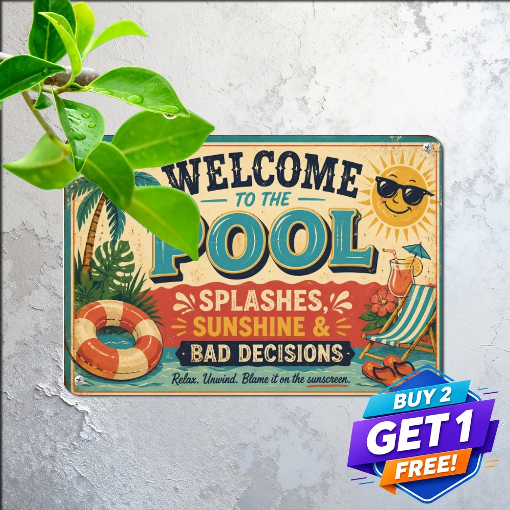 Funny Retro Pool Sign Outdoor Summer Swimming Patio Decor Tin Metal Plaque