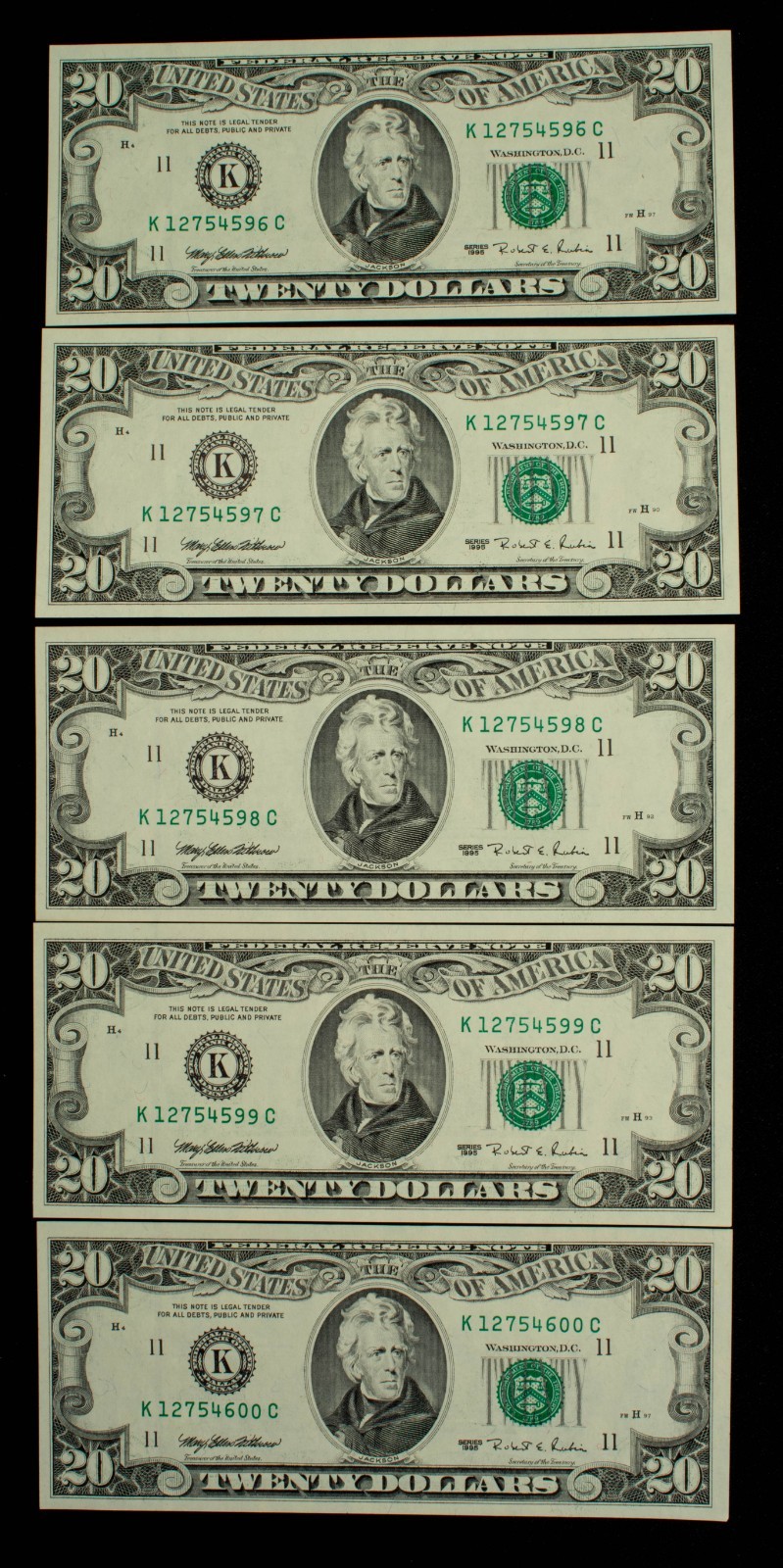 5 Consecutive 1995 $20 FRN US Federal Reserve Notes - FR2082K - UNC - SKU-CA2343
