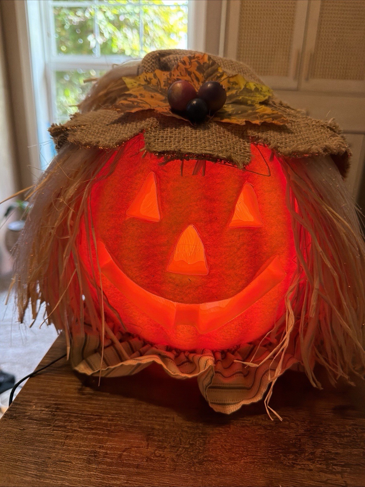 2003 Gemmy Light Up Fiber Optic Scarecrow Pumpkin Color Changing