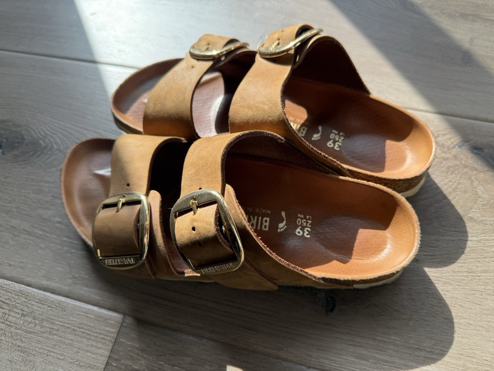 Birkenstock Women’s Brown Leather 2-Strap Adjustable Buckle Slide Sandals EU 39