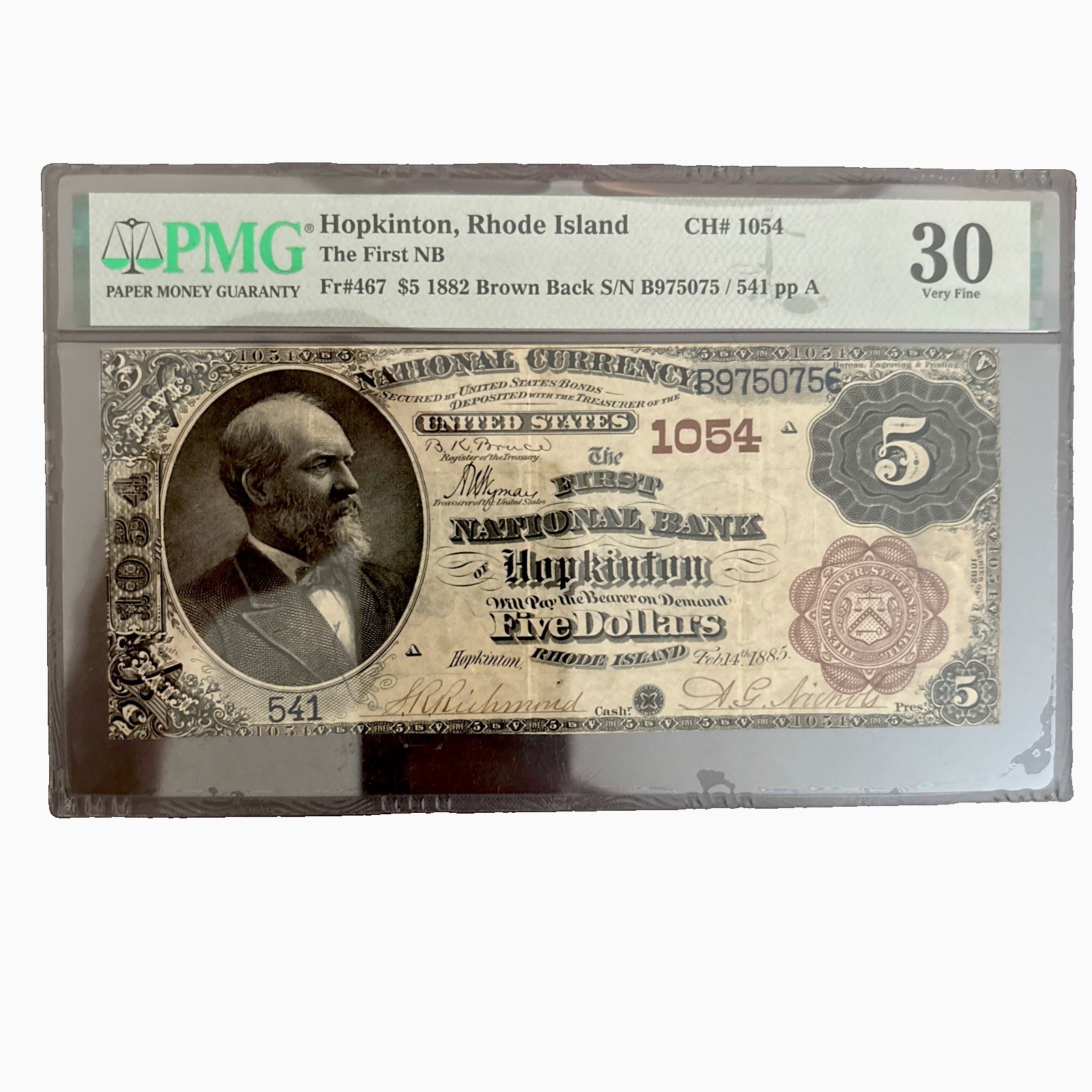 1882 $5 National Bank Hopkinton R.I. Brown Back - Charter 1054 PMG 30
