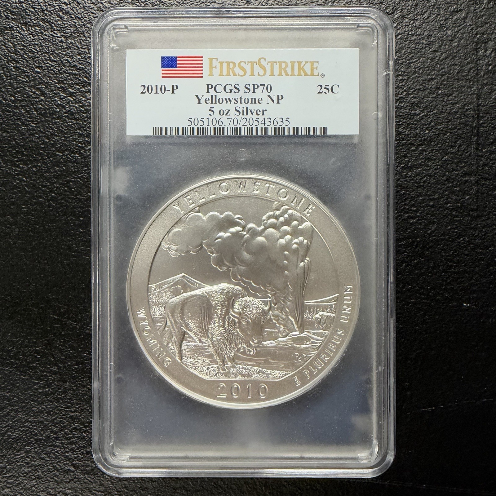 2010-P America The Beautiful ATB 5oz Silver Yellowstone NP 25c PCGS SP70