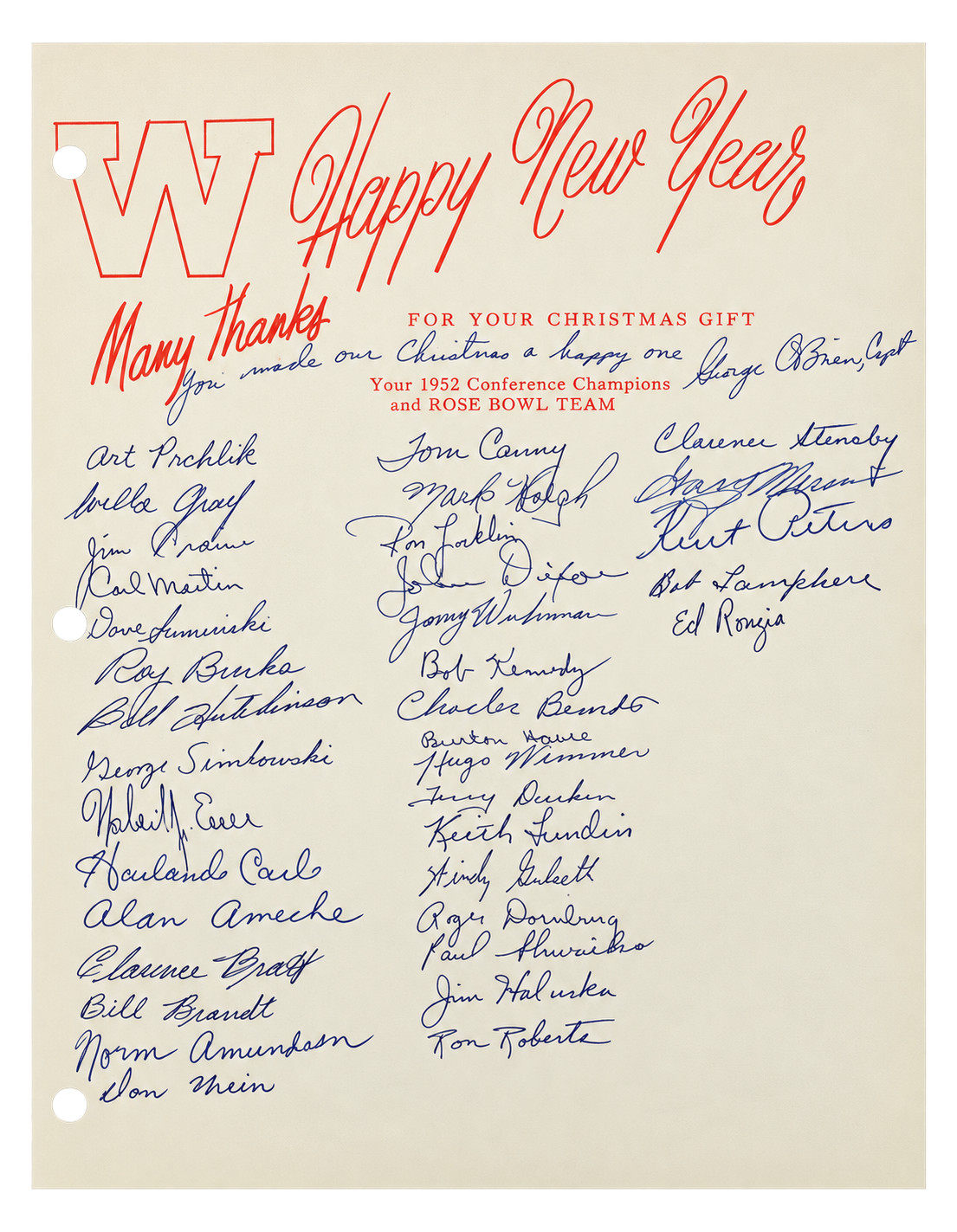 RARE 1952 WISCONSIN BADGERS SIGNED TEAM SHEET AUTO ALAN AMECHE FIRST ROSE BOWL RARE 1952 WISCONSIN BADGERS SIGNED TEAM SHEET AUTO ALAN AMECHE FIRST ROSE BOWL