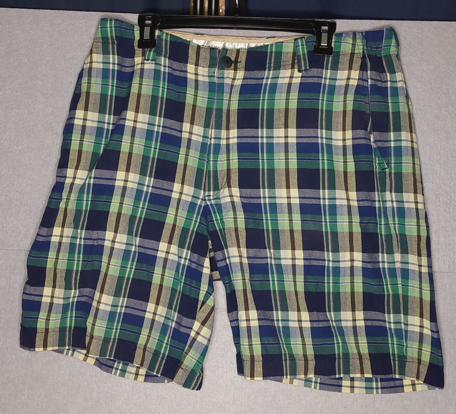 Tehama Golf Men\'s Shorts Checked Blue,Green Plaid Size 36 100% Cotton