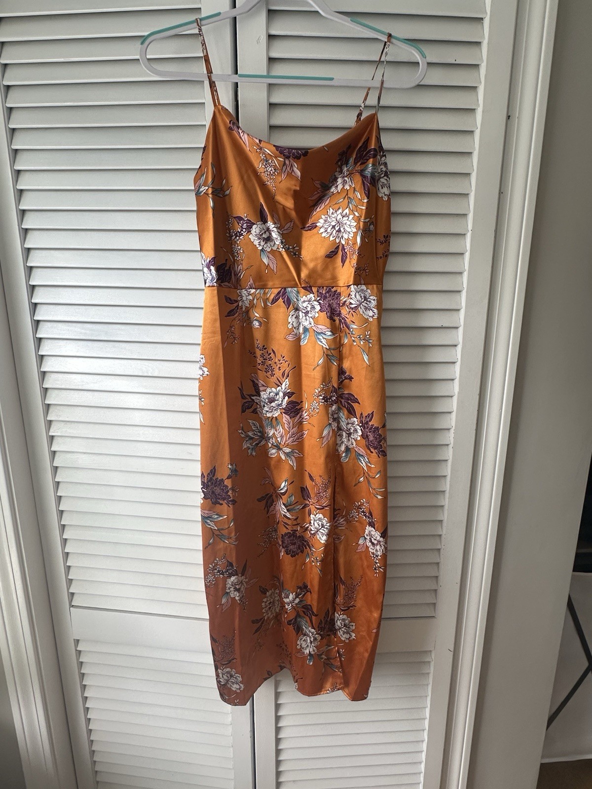 SHEIN Orange Floral Satin Slip Midi Dress S SHEIN Orange Floral Satin Slip Midi Dress S
