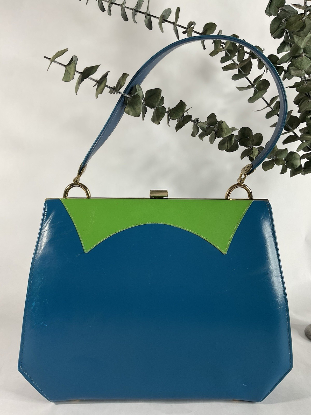 1950s 1960s Life Stride Blue & Green Vinyl Handbag, Vtg 50s 60s Purse, Retro