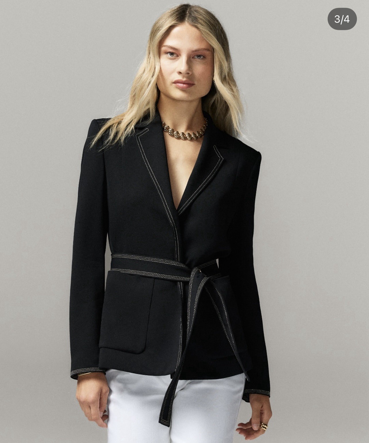 St. John Women’s 6 Black Light Weight Sable Wrap Belt Jacket Contrast Topstitch