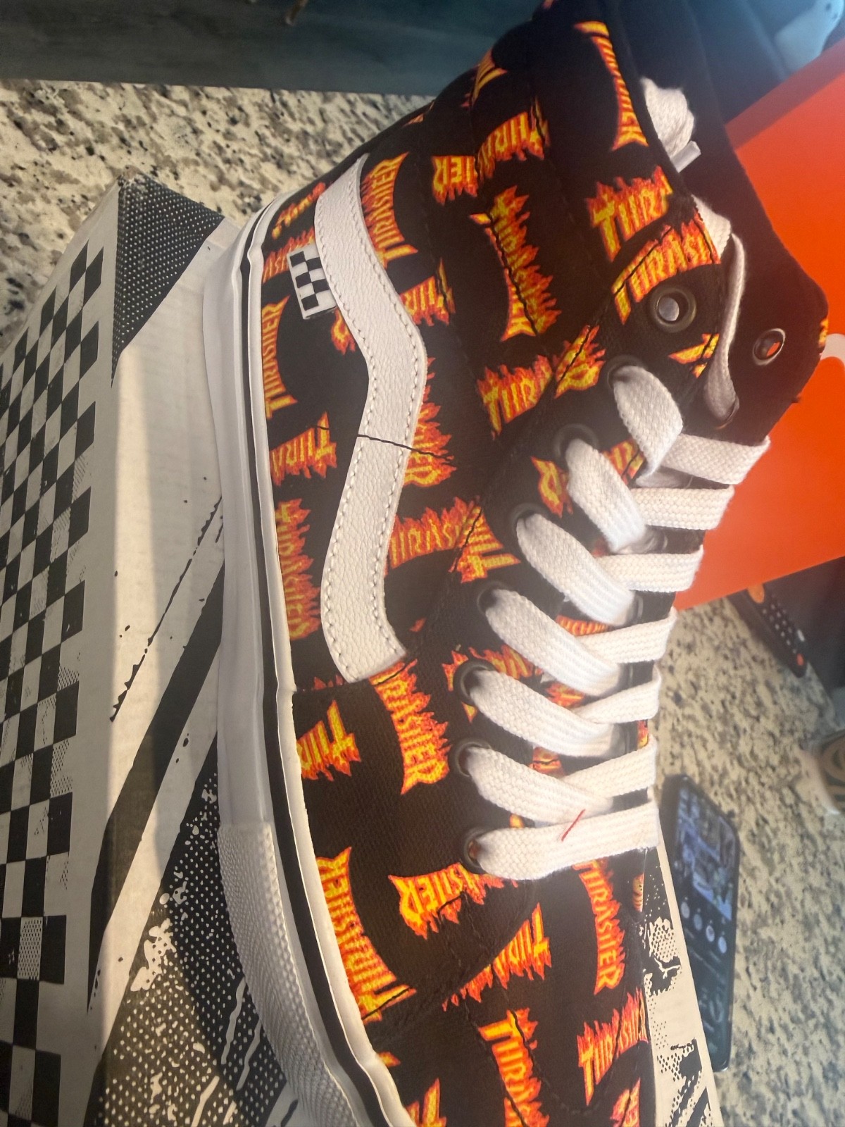 Size 8 - Thrasher x Vans Skate Sk8- High Allover Thrasher Logo Size 8 - Thrasher x Vans Skate Sk8- High Allover Thrasher Logo