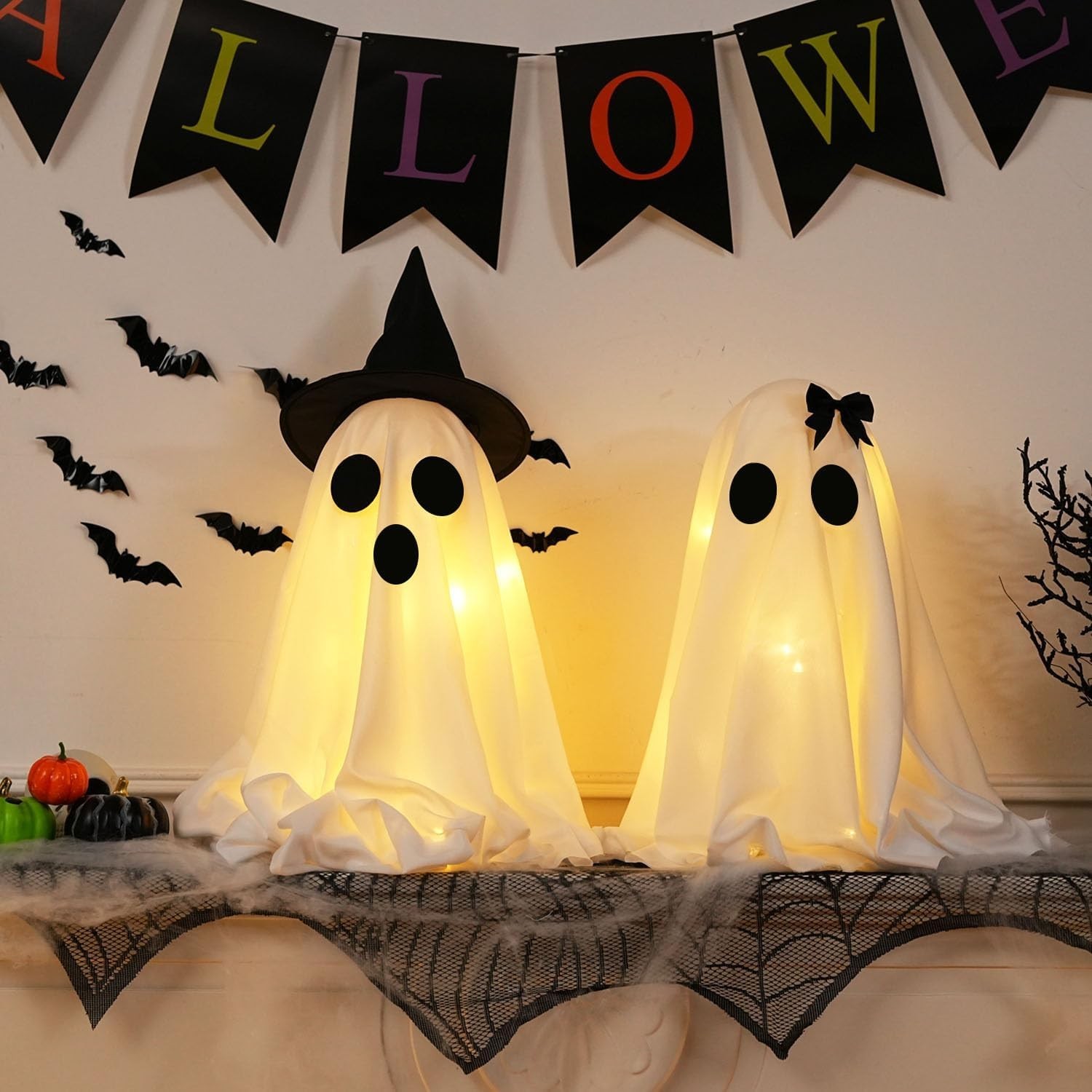 2Pcs Spooky Ghost Halloween Decor LED Lighted Ghost Tabletop Party Ornament