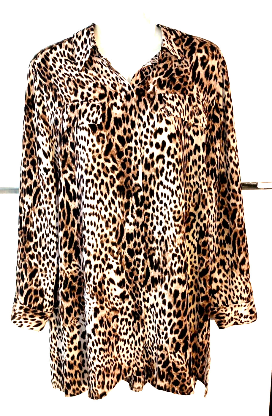NEW CHICO\'S LEOPARD STATEMENT LONG ROLL TAB SLEEVE BLOUSE SIZE 2 L $99 MSRP