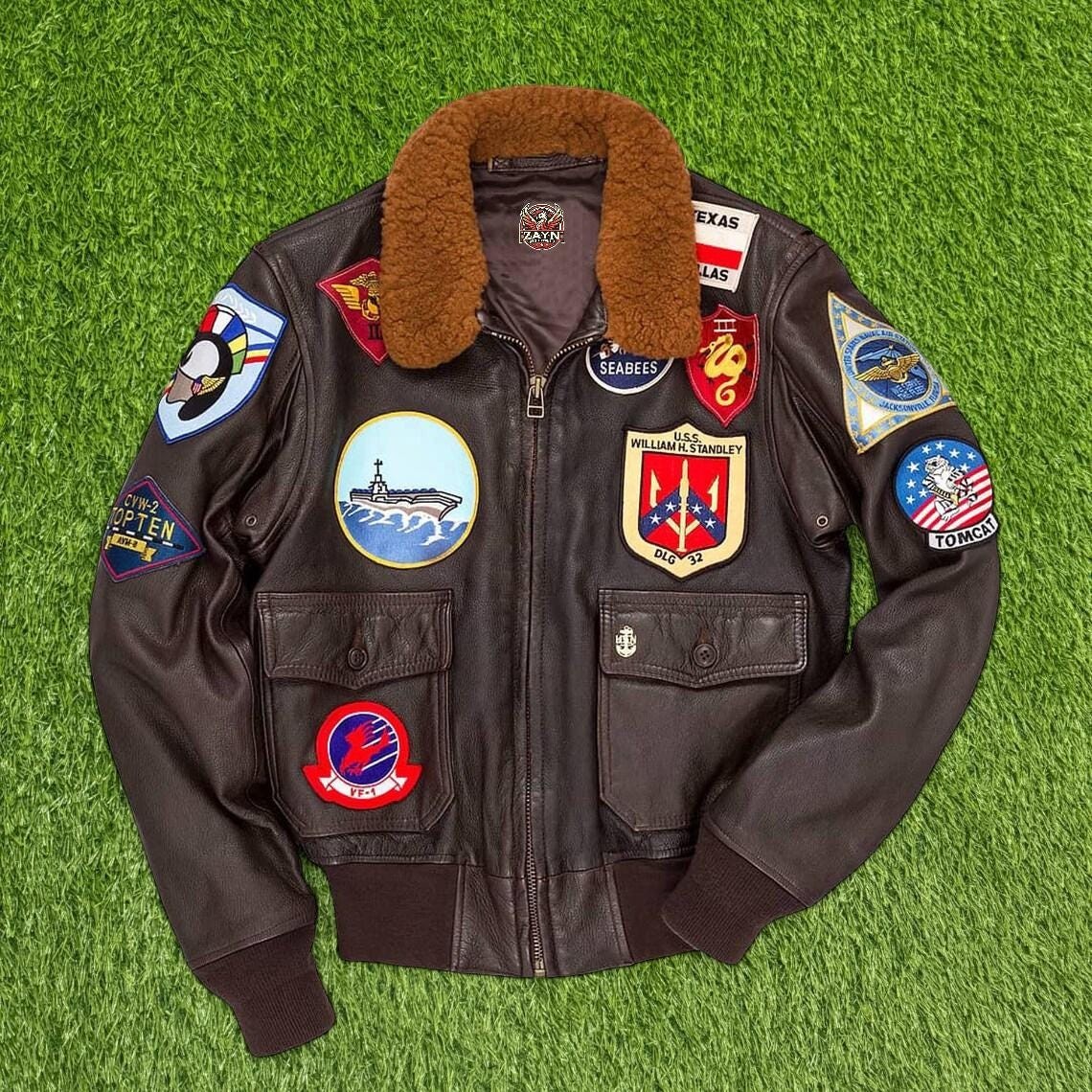Men\'s Maverick Top Gun Aviator Pilot Leather Bomber Jacket With Embroidery Patch
