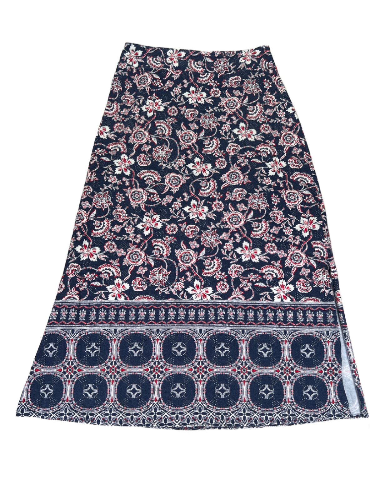 Talbots Women\'s Navy Blue/Red Geometric Floral Pull On Maxi Skirt - S Petite