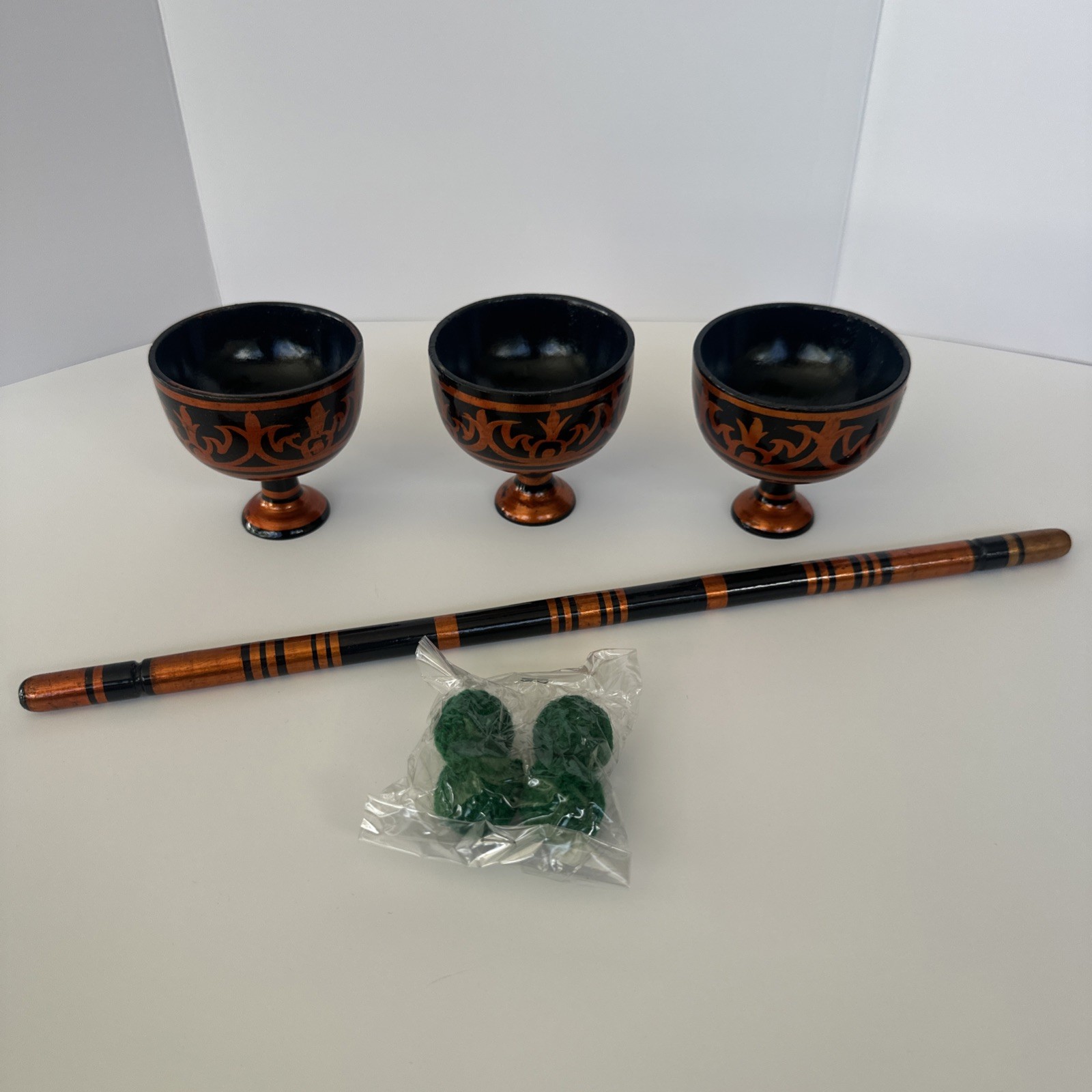 Indian Cups and Balls W/ Matching Wand Magic Trick Made In India Vintage
