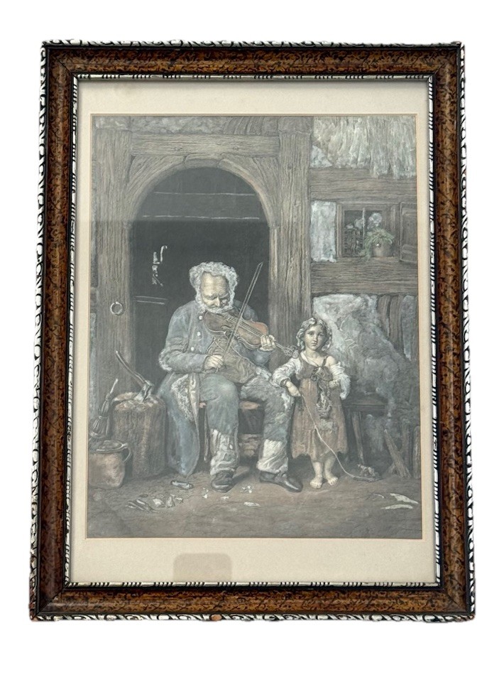 Antique Hand-Colored Engraving “Blind Violinist w/ Granddaughter” Krcul/Rosée