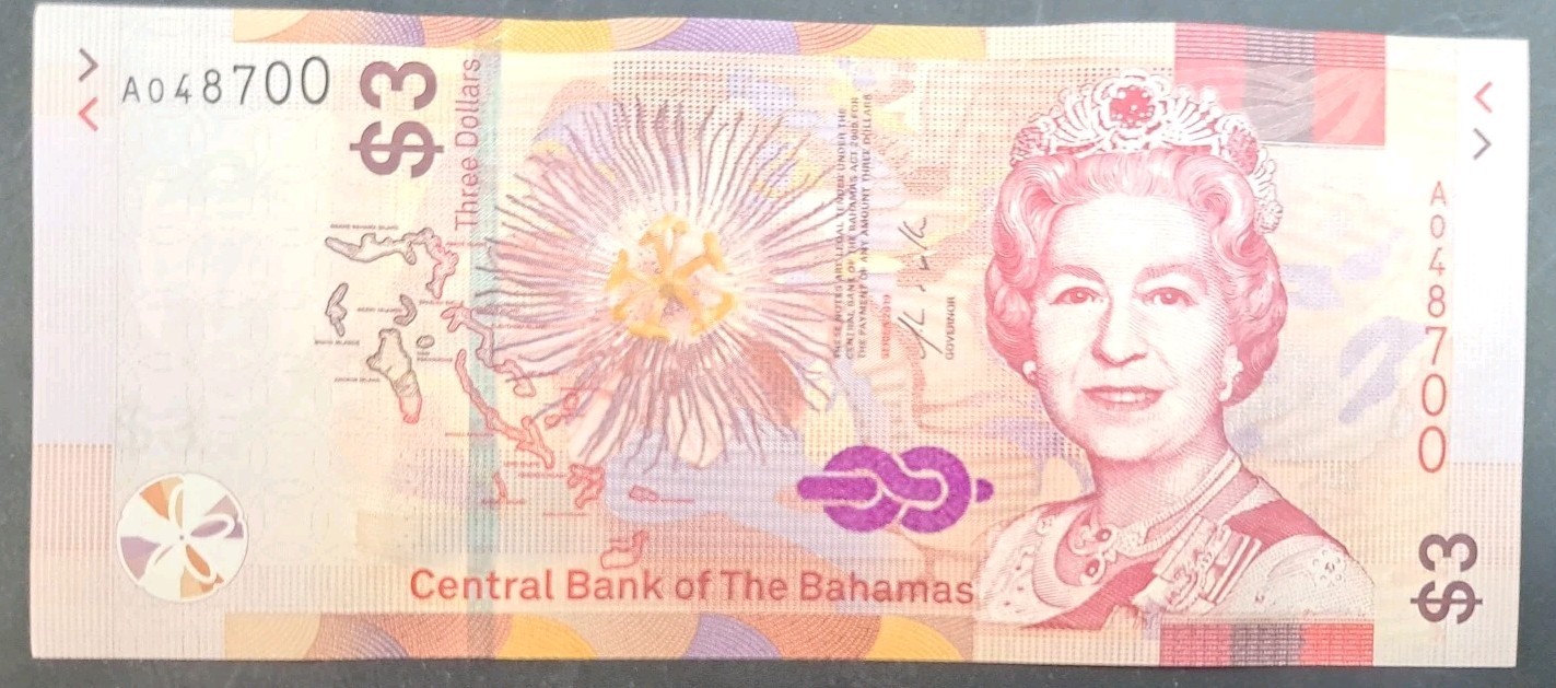 2019 Bahamas 3 Dollars P78, A0487++. 2019 Bahamas 3 Dollars P78, A0487++.