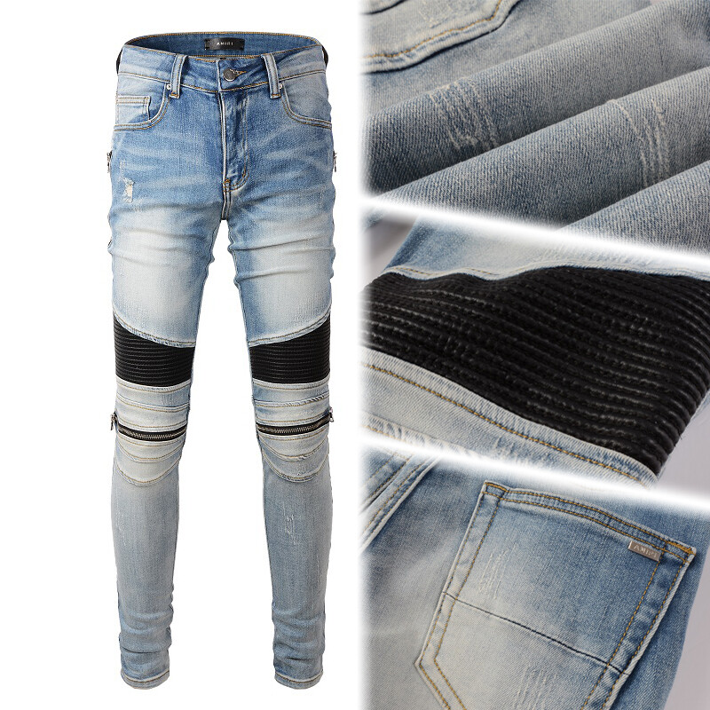 Men's Punk PU Patchwork Skinny Ripped Cotton Stretch Denim Distressed Jeans Men's Punk PU Patchwork Skinny Ripped Cotton Stretch Denim Distressed Jeans
