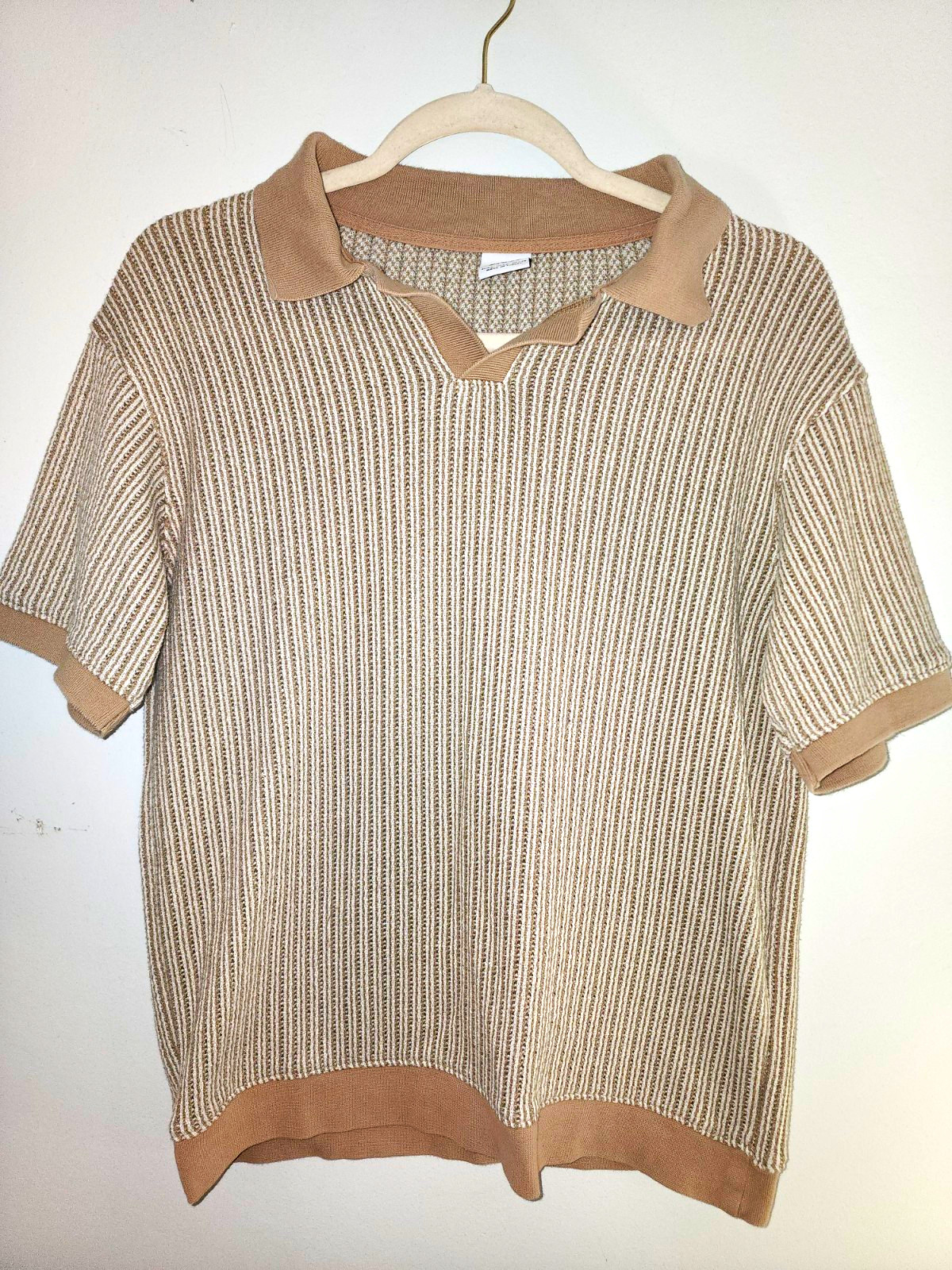 ZARA Y2K Striped Rib-Knit Collared Short Sleeve Tunic Sweater Top Beige/White S ZARA Y2K Striped Rib-Knit Collared Short Sleeve Tunic Sweater Top Beige/White S