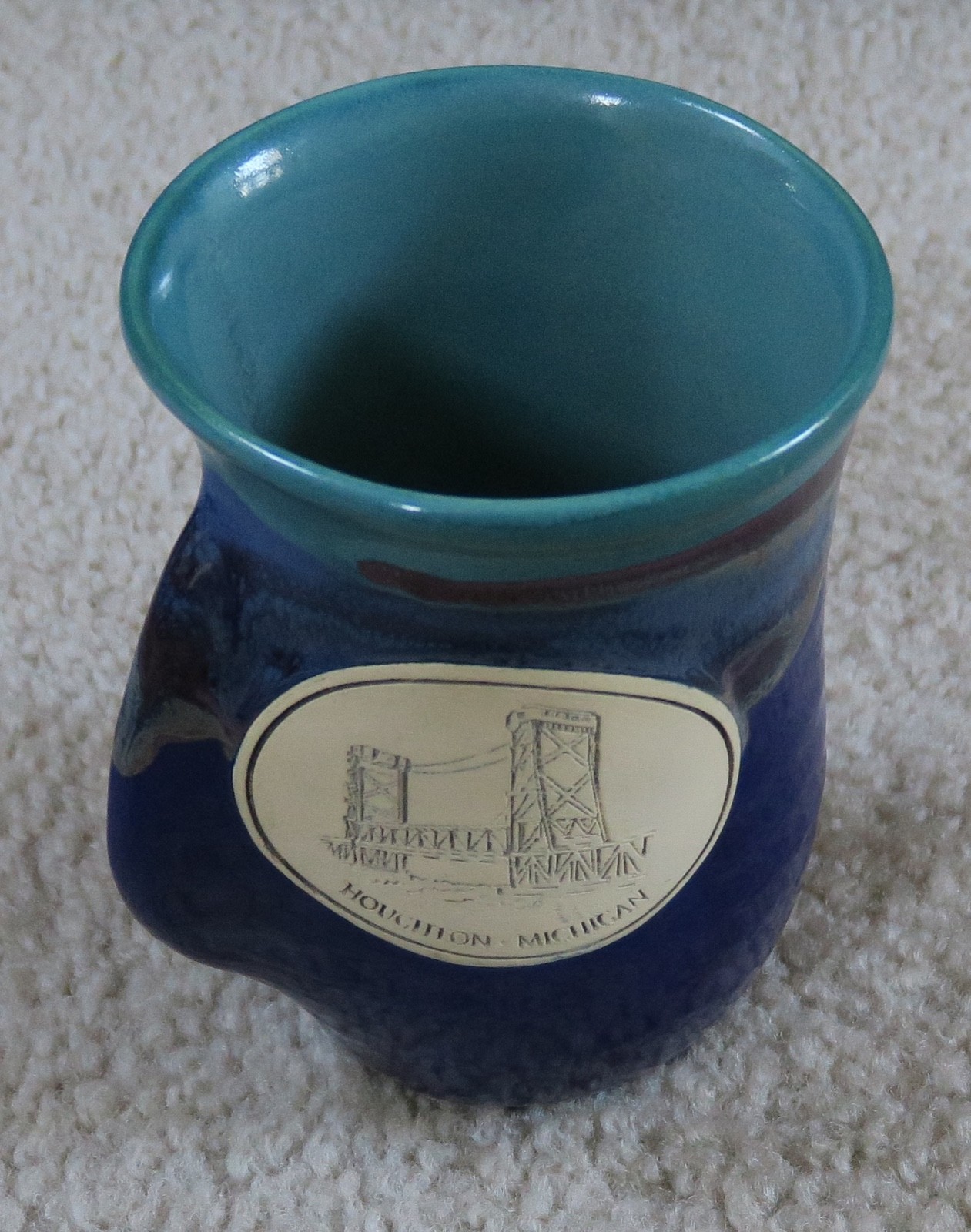 Neher Studio Pottery 2011 Signed  MugGreen Blue Glaze  20oz  Houghton, Michigan