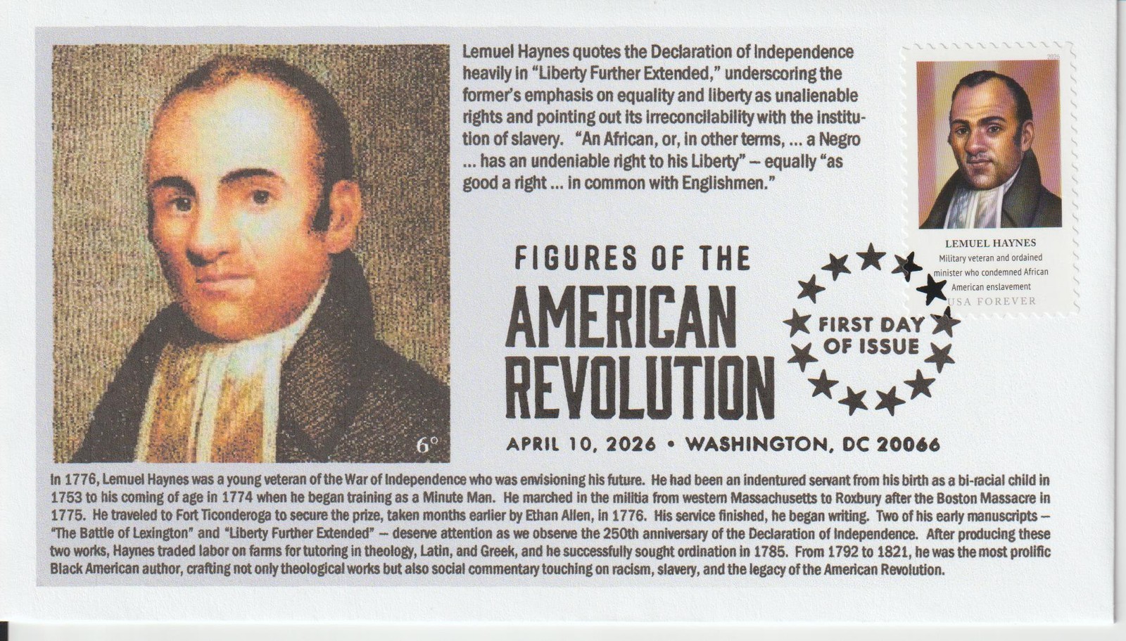 6° Cachets 6068 American Revolution Lemuel Haynes Patriot and Minister