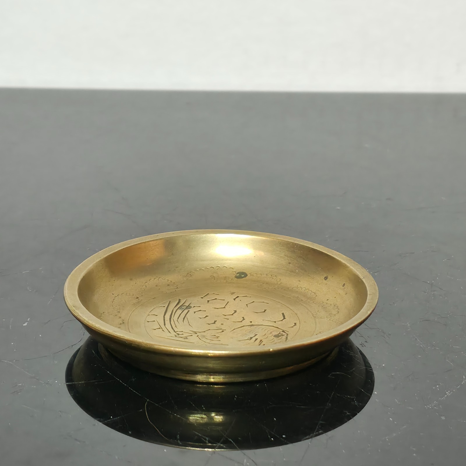Vintage Chinese Brass Engraved Catchall Dish Saucer Marked China Vintage Chinese Brass Engraved Catchall Dish Saucer Marked China