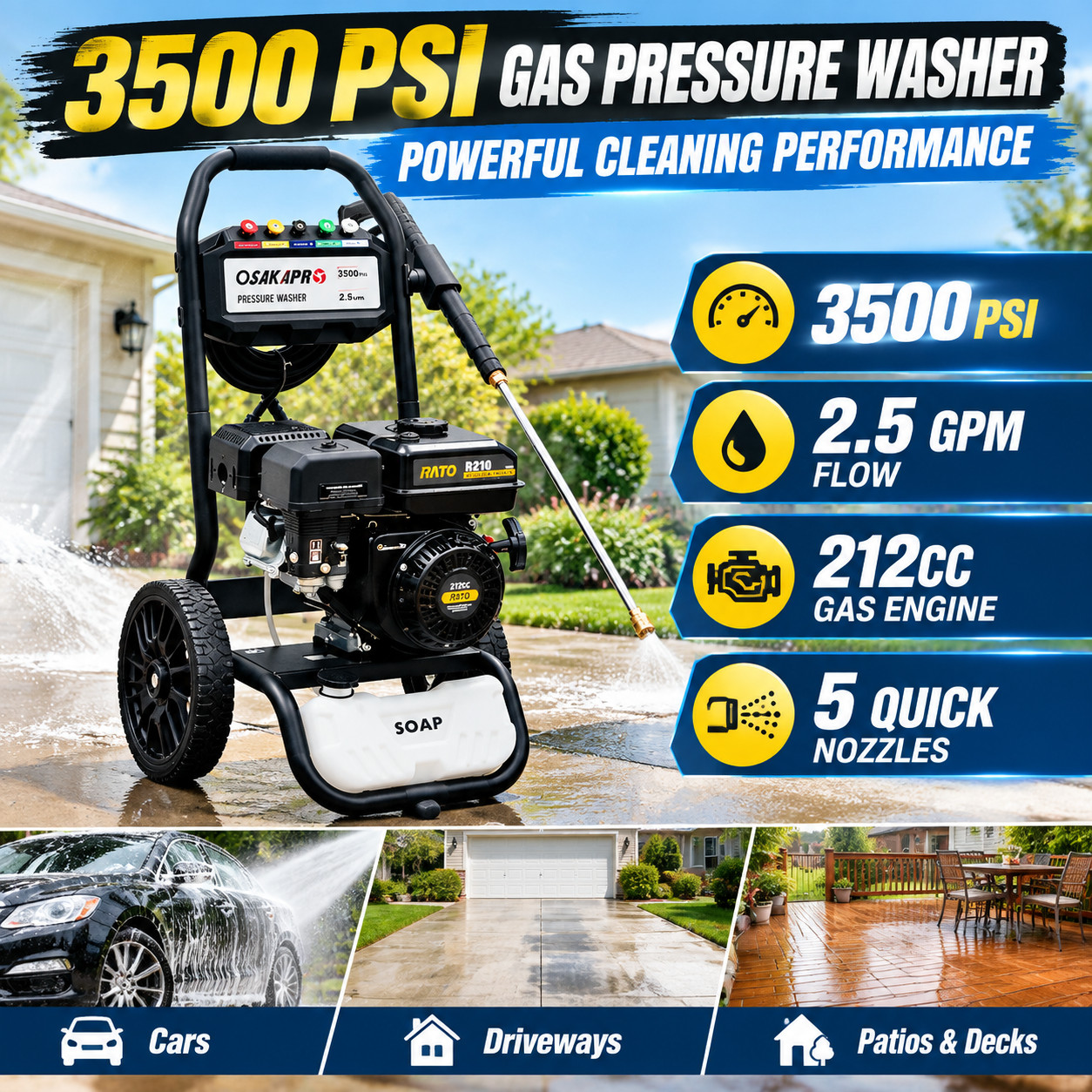 Gas Powered Pressure Washer 3500 PSI 2.5 GPM 212CC Engine 5 Spray Tips Gas Powered Pressure Washer 3500 PSI 2.5 GPM 212CC Engine 5 Spray Tips