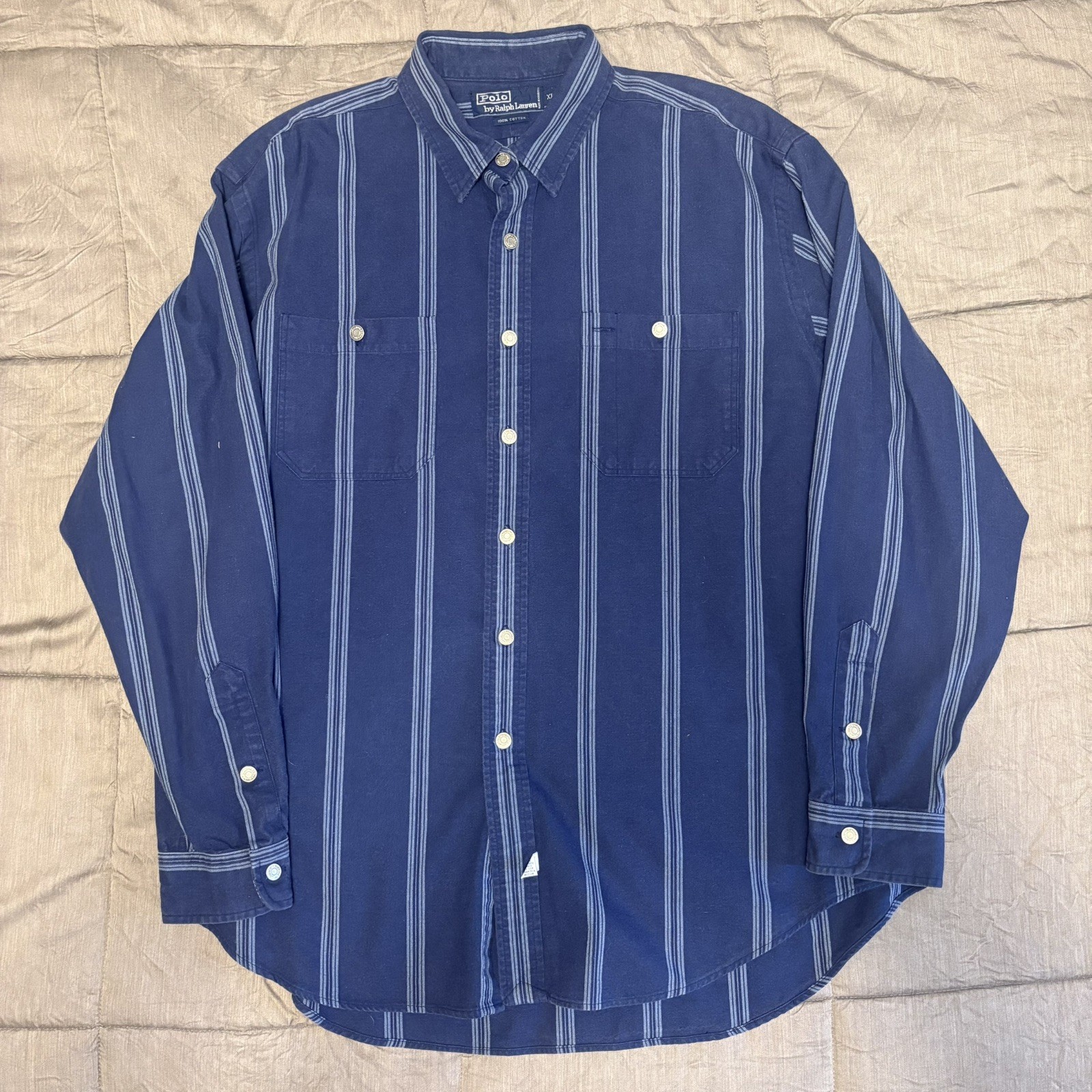 VTG Polo Ralph Lauren Shirt Mens L Navy Stripe cotton Preppy metal buttons  90s