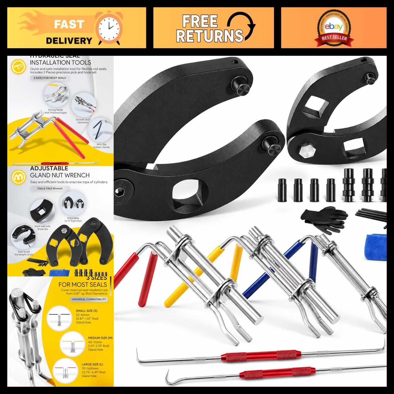 5 Pack Hydraulic Seal Installation Tools, Adjustable Gland Nut & Universal Wrenc 5 Pack Hydraulic Seal Installation Tools, Adjustable Gland Nut & Universal Wrenc