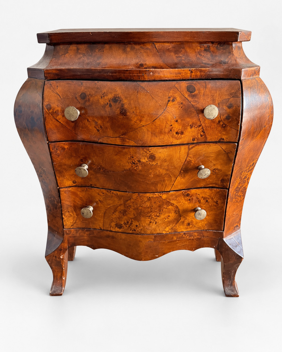Small Antique Burl Wood Bombe Chest of Drawers 3-Drawer Rococo Style Made in Ita