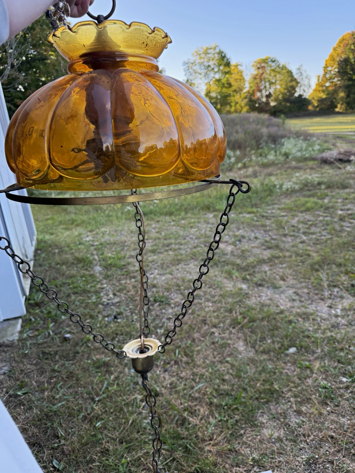 Vintage Mid-Century Amber Glass Hanging Lamp, Vintage Chandeliers, Misc pieces