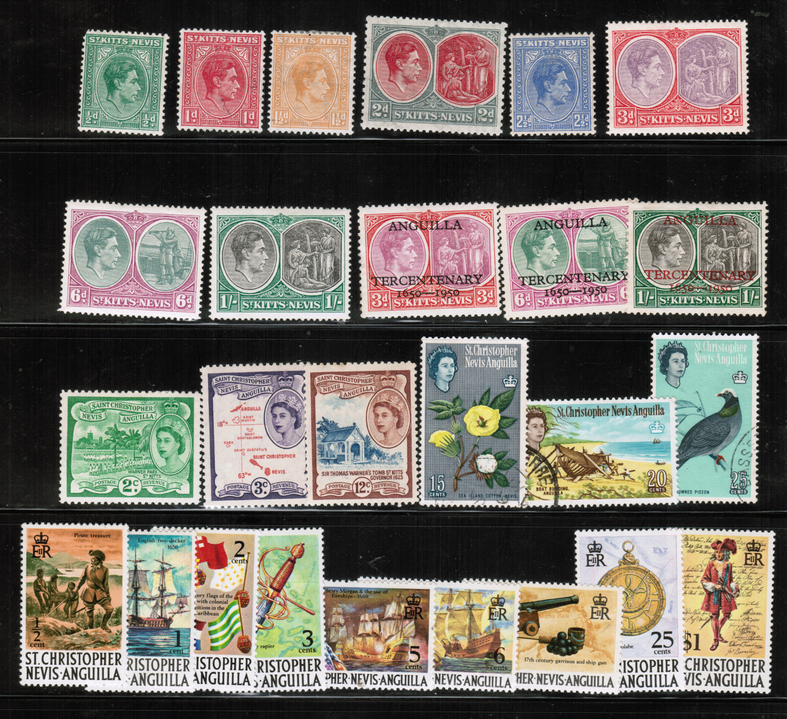 St. Kitts-Nevis, KGVI & QEII. SC#79-86,102-4,206-12, 220. Mint LH/Hinged.