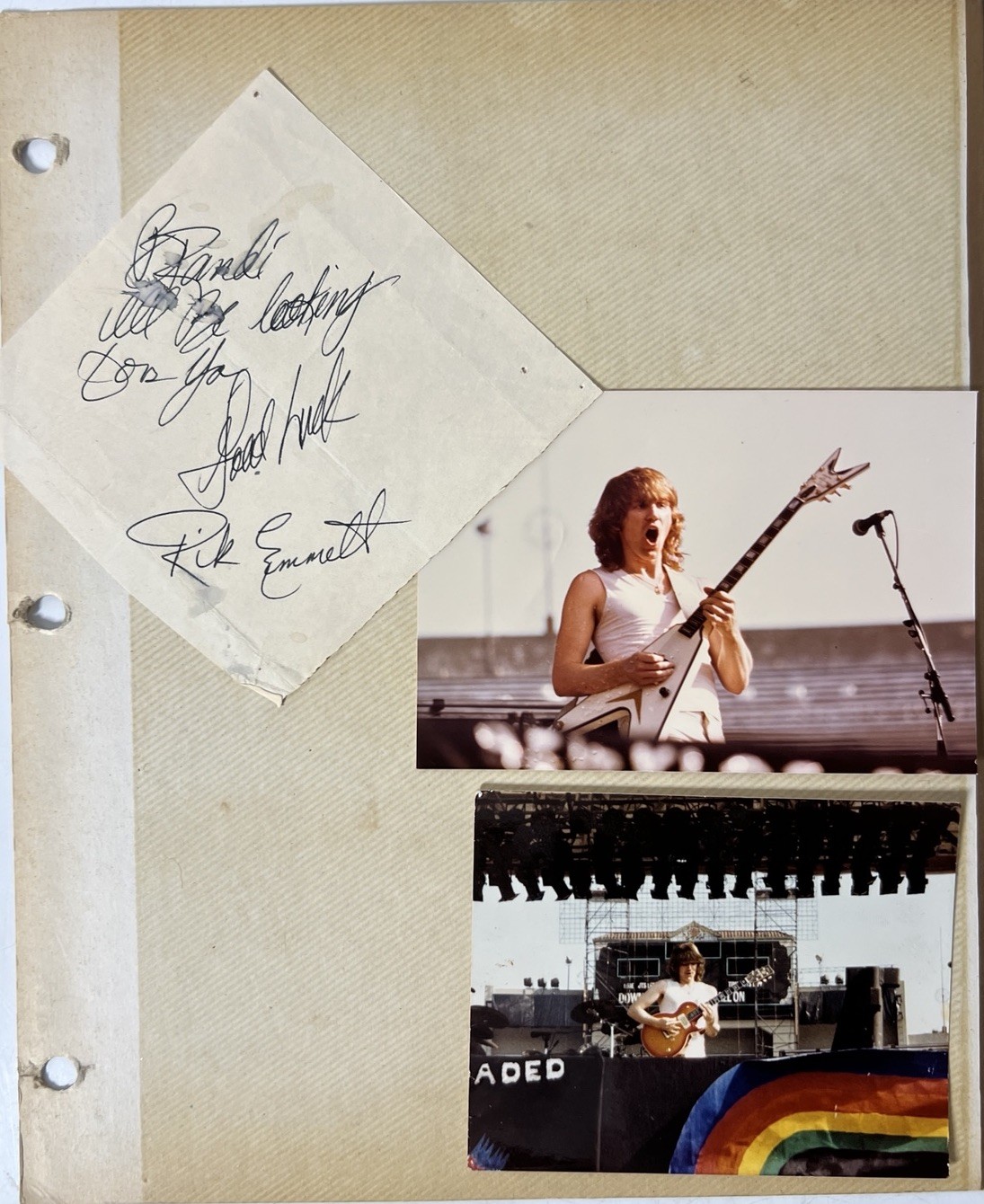 Vintage Rick Emmett Concert Photos with Handwritten Signed Note Rock Memorabilia Vintage Rick Emmett Concert Photos with Handwritten Signed Note Rock Memorabilia
