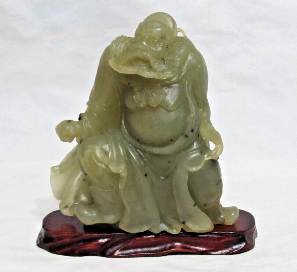 Old Chinese Soapstone Carved Figure Statue With Wood Stand