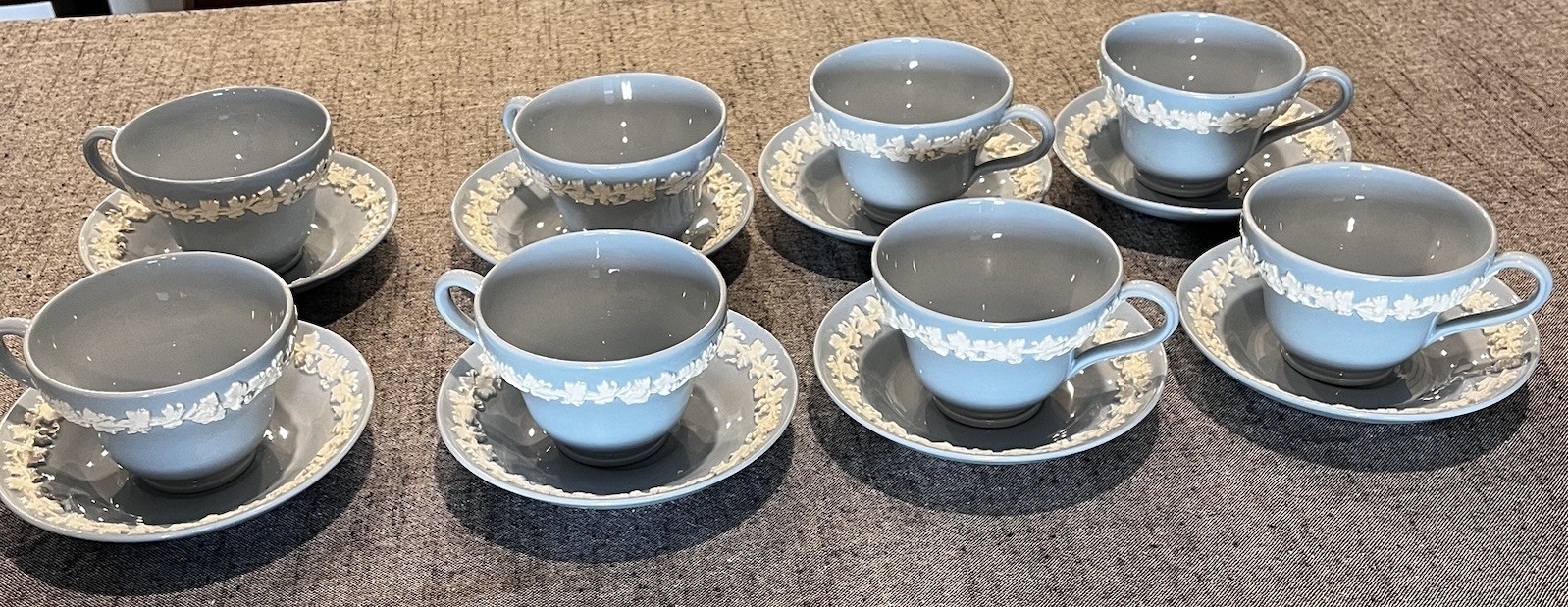 Wedgwood Queensware Embossed Cream On Lavender 8 Tea Cups & 8 Saucers Set