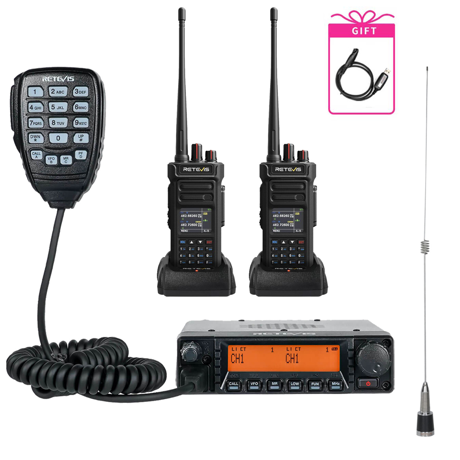 RA87 GMRS Mobile Radio & 2 Pack RT29S Waterproof GMRS Radio 3200mAh & Antenna