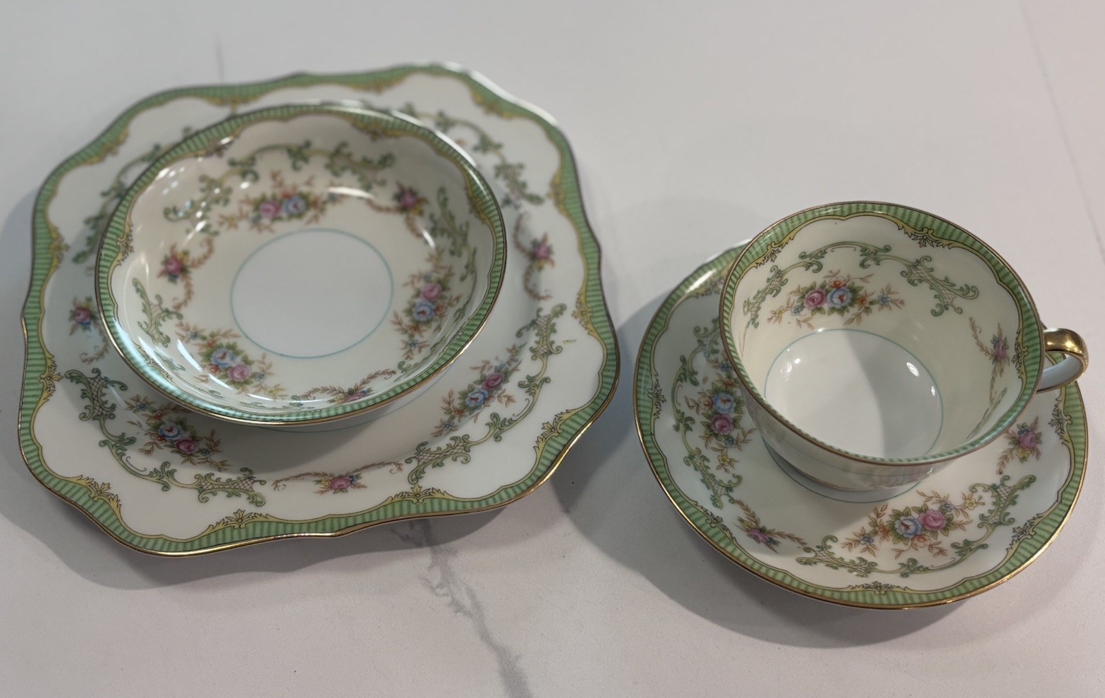 Vintage Noritake Marlene China 4 Piece Set Green Floral Gold Trim Japan