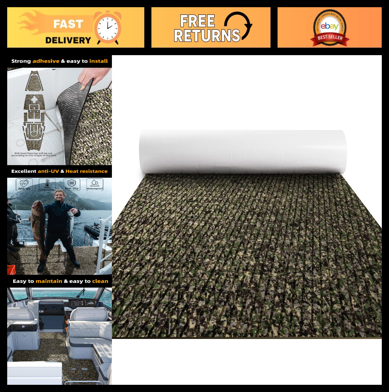 EVA Foam Boat Decking Mats - Camo Self-Adhesive Marine Flooring for Jon/Bass Boa