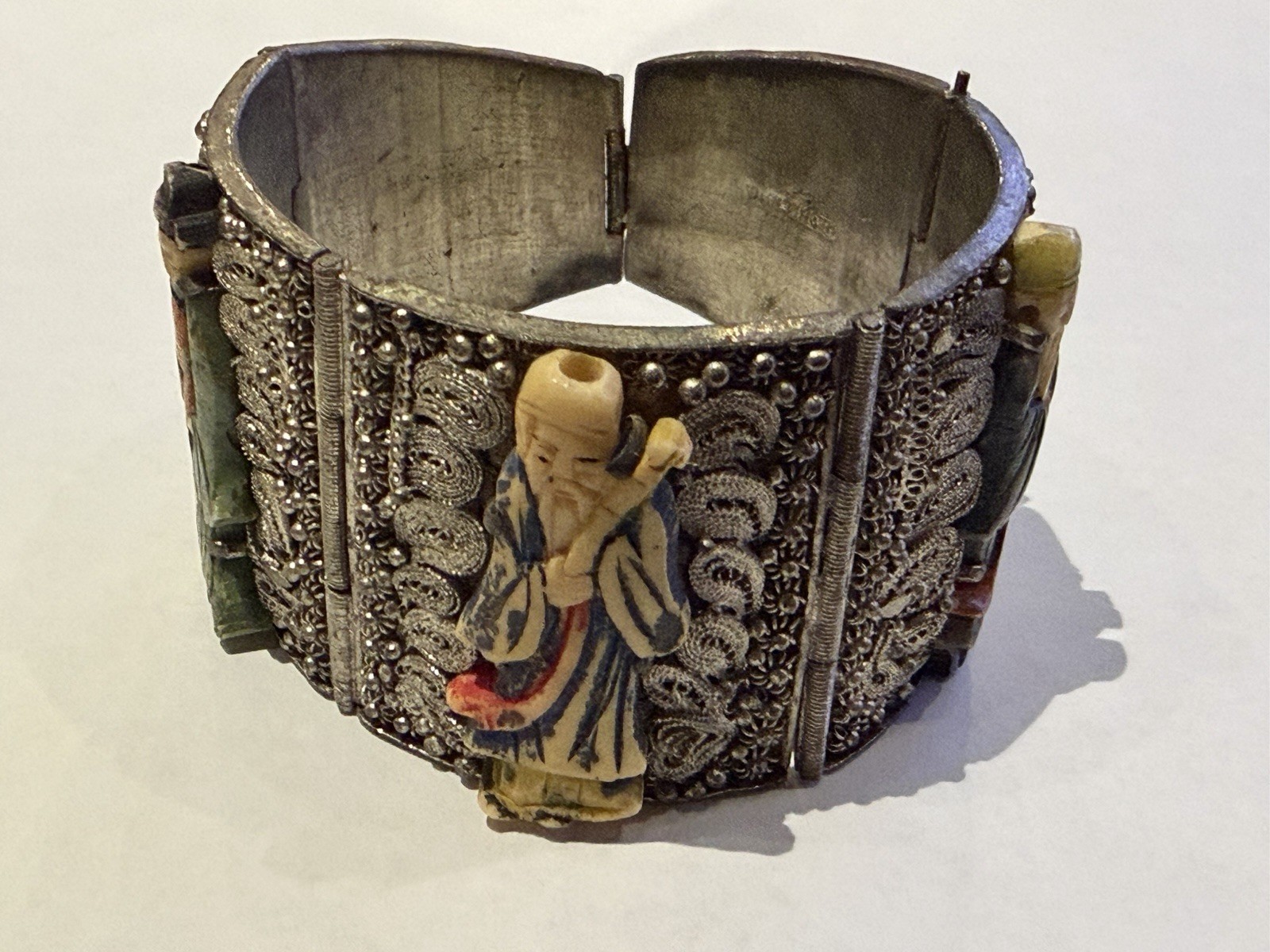 Rare Chinese Export Silver Filigree Panel Bracelet w/ Carved Painted Figurines