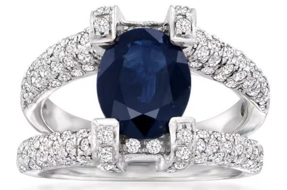 LARGE 4.13CT DIAMOND & AAA SAPPHIRE 14KT WHITE GOLD OVAL & ROUND ENGAGEMENT RING