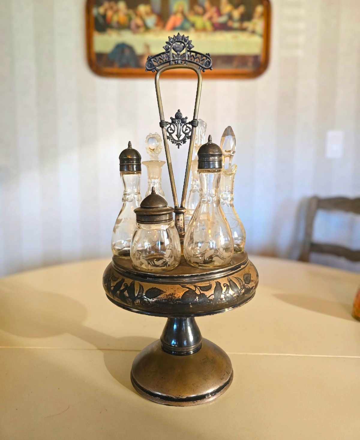 Antique Victorian Cruet Set 7-Piece w/ Silver Metal Caddy Stand, Floral, 17 in