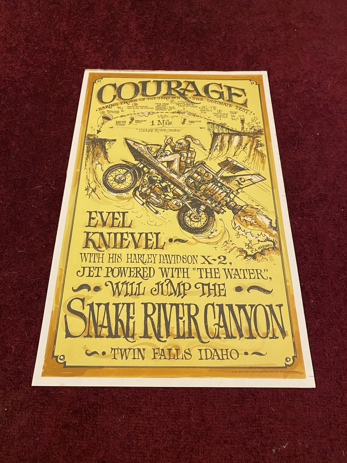 Vintage 1971 Evel Knievel Snake River Canyon Jump  Poster Harley Davidson  HTF