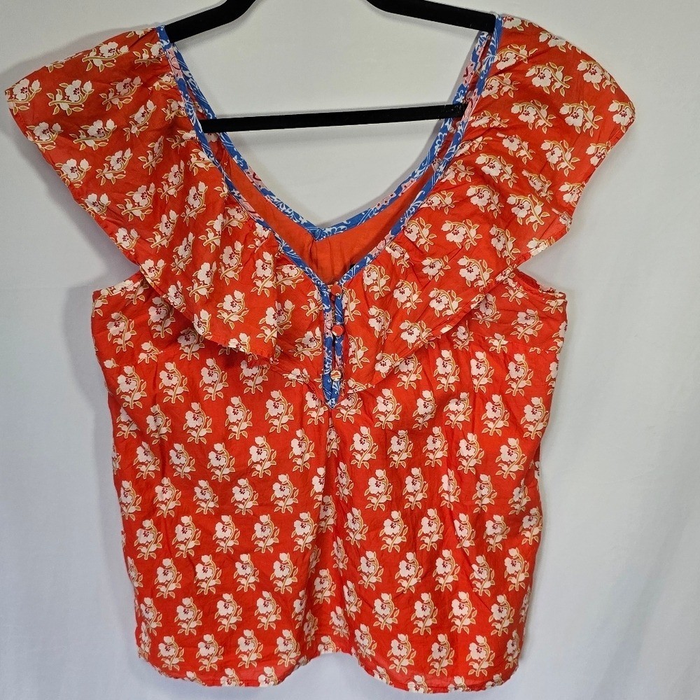 J. Crew Ruffle V Neck Ditsy Floral Top Red White Blue Summer Sleeveless, Sz XS J. Crew Ruffle V Neck Ditsy Floral Top Red White Blue Summer Sleeveless, Sz XS