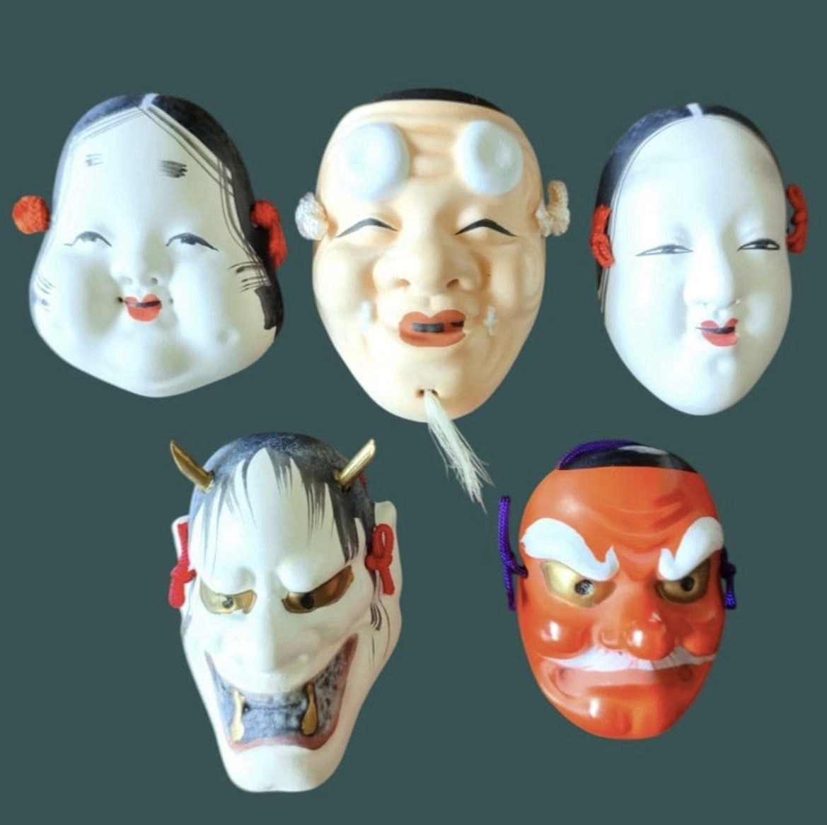 Vintage Japanese Saga Noh Mask Miniature Set of 5 Kyoto Folk Art w/ Boxes