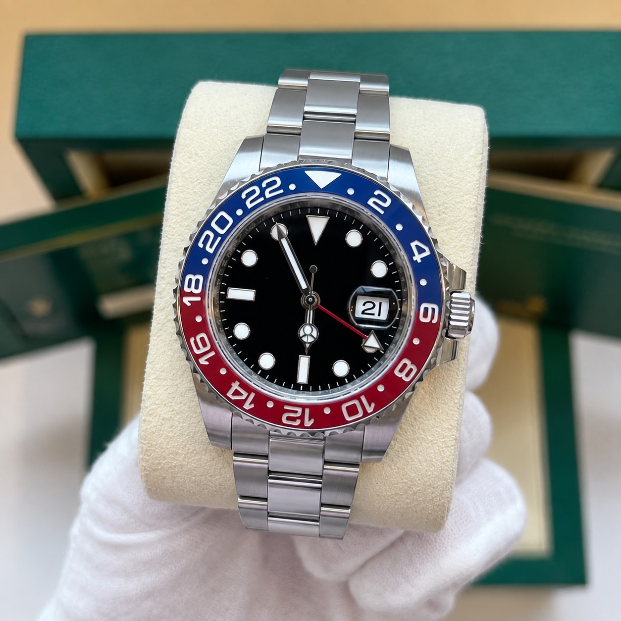Custom Built-GMT NH34 Automatic Black Dial Red Blue Bezel Pepsi Watch 40mm 
