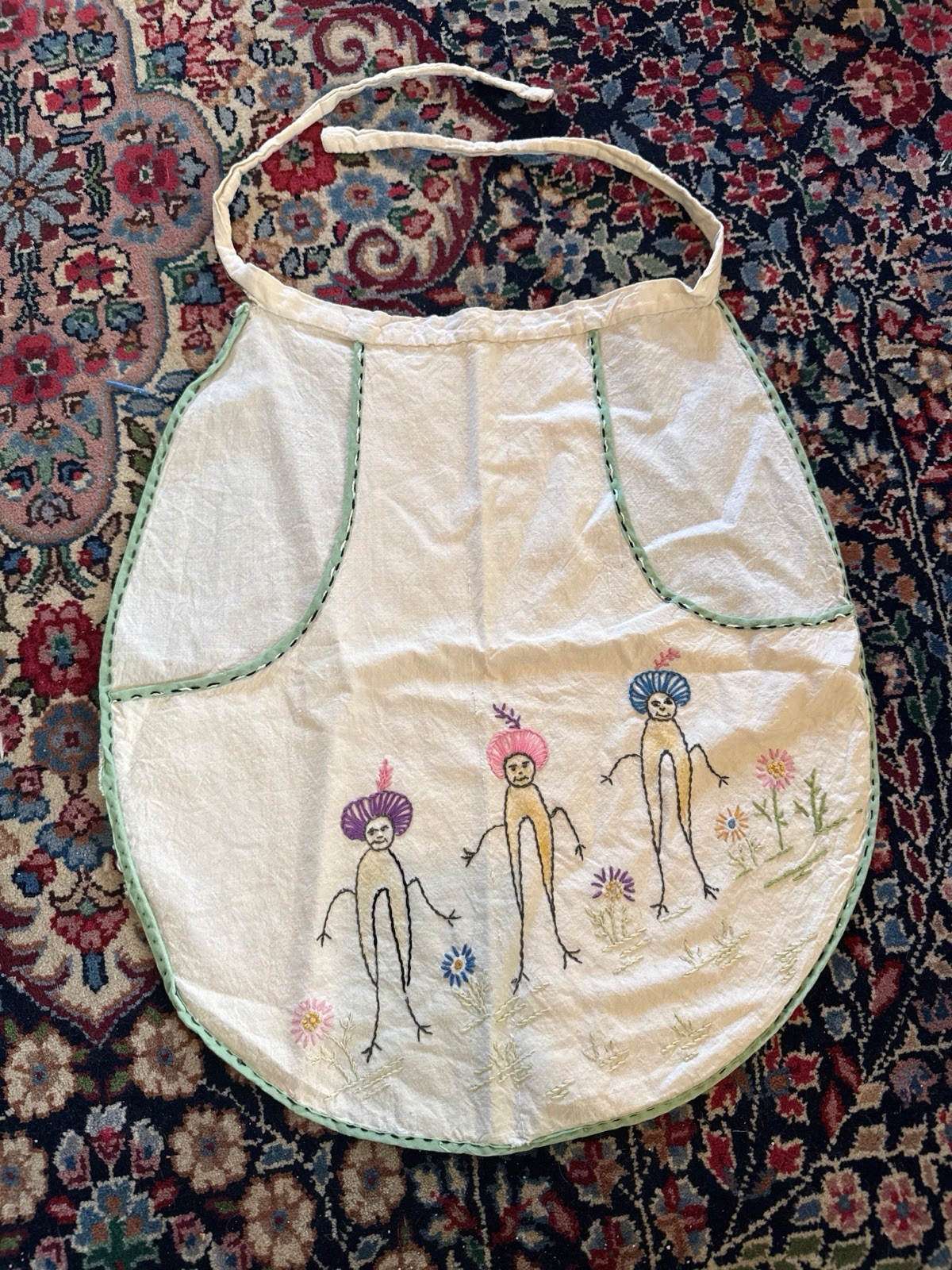 Vintage Hand Embroidered Apron Clothespin Bag Mushroom Flower People Folk Art