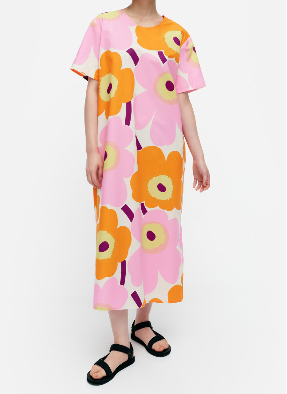 Marimekko Kemut Unikko Floral Maxi Short Sleeve Orange Pink Dress EU 38/8 Marimekko Kemut Unikko Floral Maxi Short Sleeve Orange Pink Dress EU 38/8